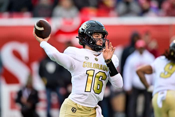 Colorado Buffaloes quarterback Ryan Staub (16) passes the ball against the Utah Utes at Rice-Eccles Stadium